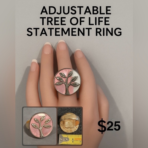 Adjustable Tree of Life Statement Ring – Two-Tone Pink & Gold Tone - Picture 4 of 10